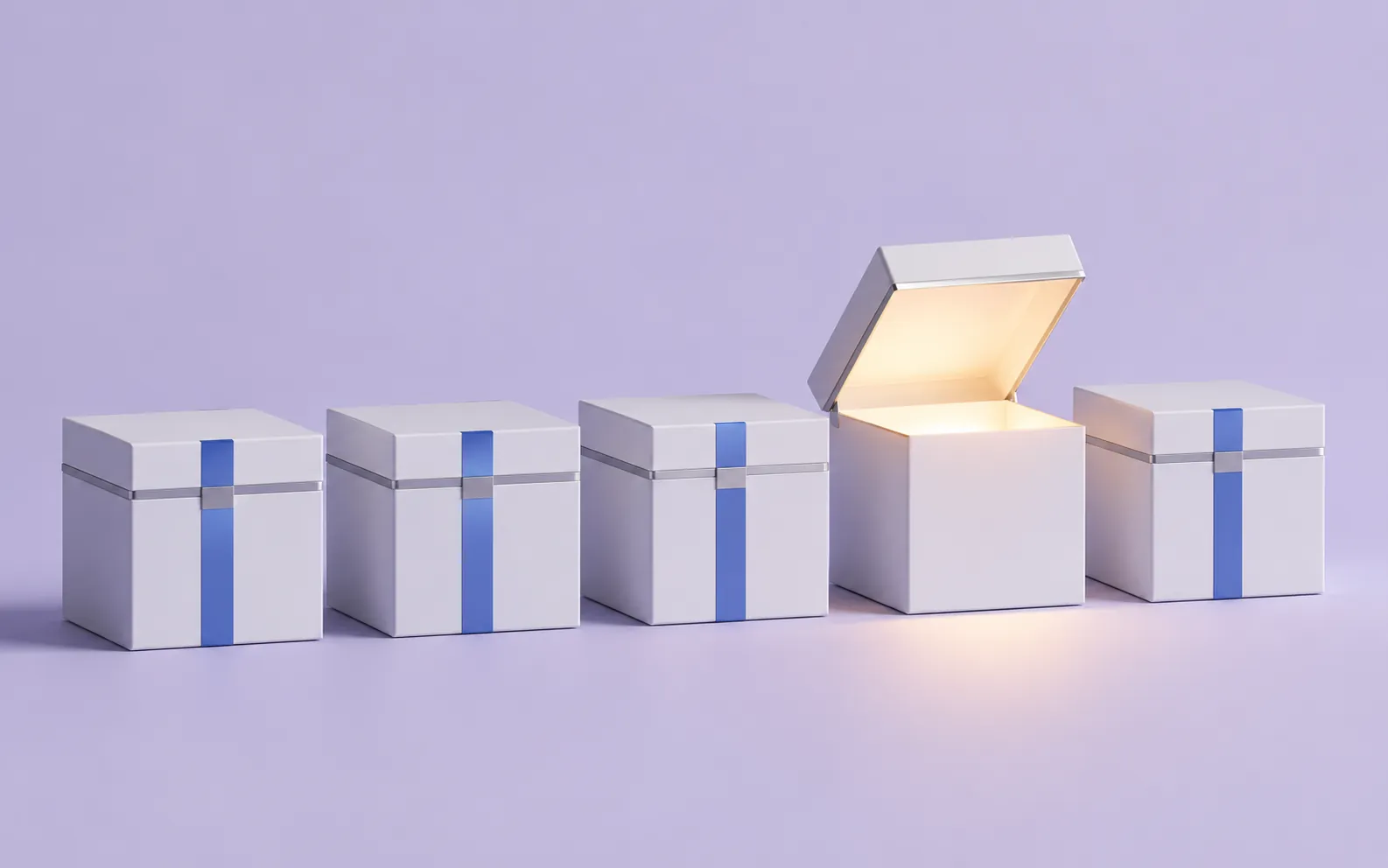 A row of closed boxes with one open and glowing