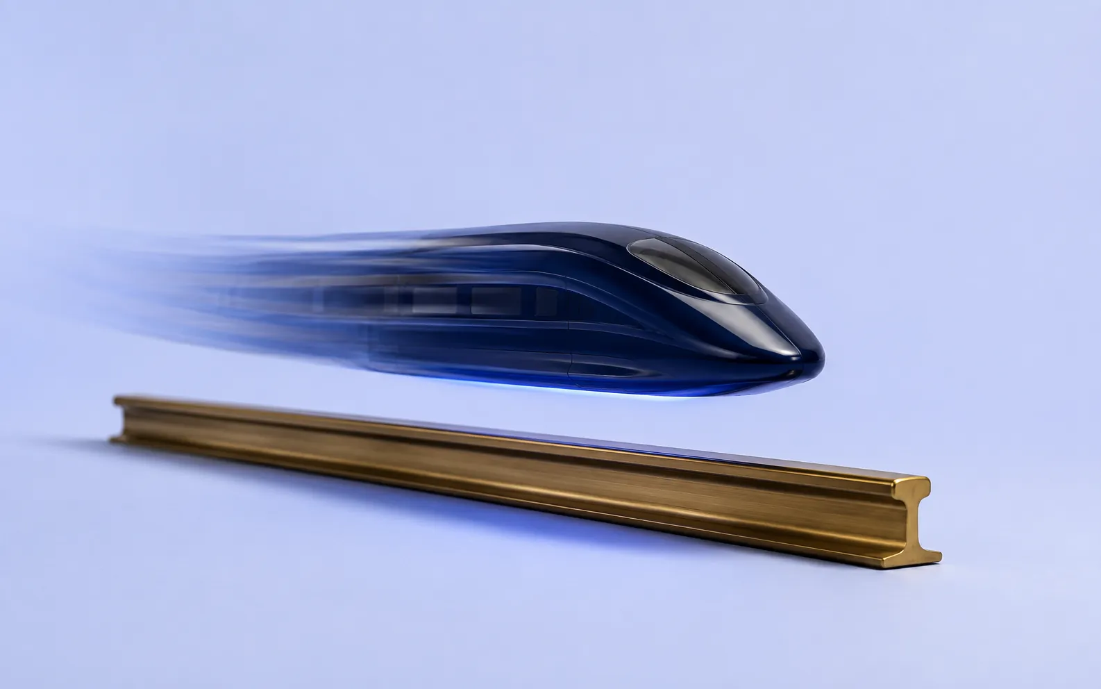 Ink-navy bullet train speeding above a brass rail — modern accounting software implementation with VigorBooks
