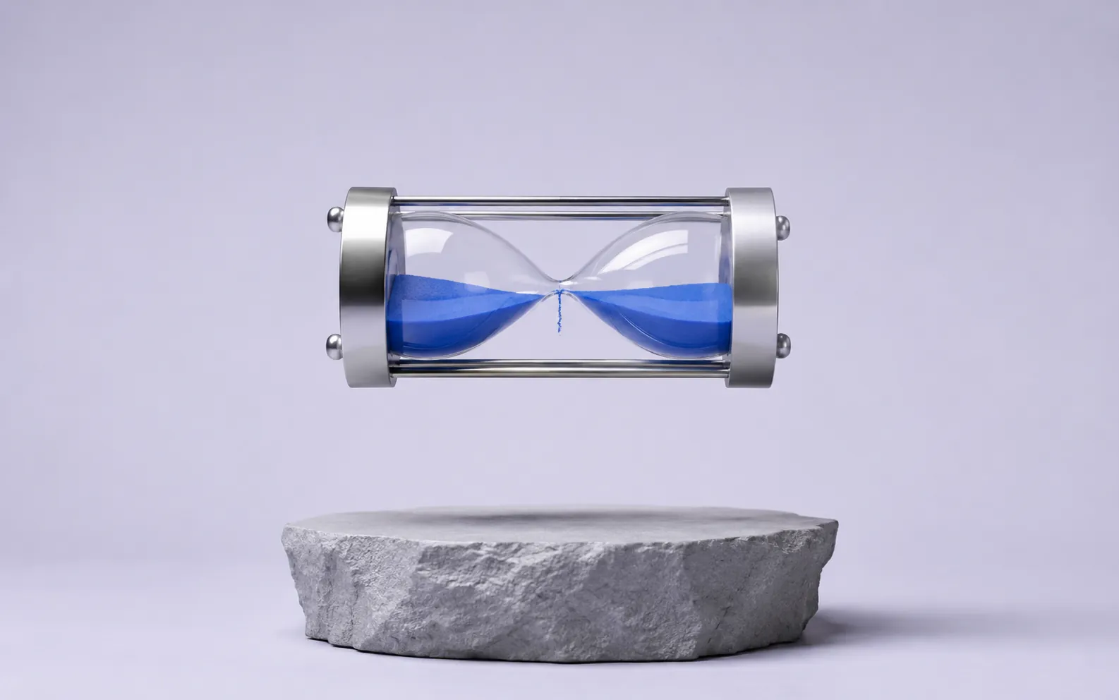 Silver-framed hourglass floating above a stone plinth, blue sand paused mid-flow — FBR tax deadlines under control